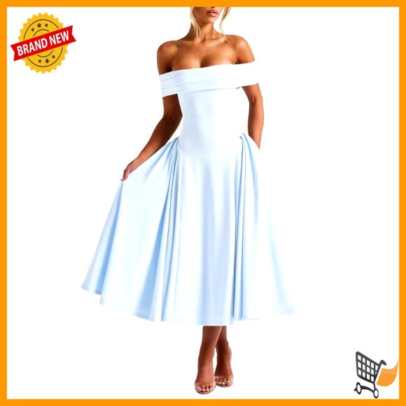 Off Shoulder Satin Formal Prom Dress A Line Tea Length Zipper Back